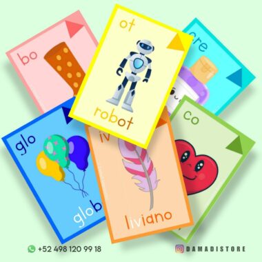 Un colorido conjunto de seis tarjetas con ilustraciones y palabras en español, perfecto para aprender con Tarjetas de las sílabas completas (directas, trabadas e inversas) 250 tarjetas. Las tarjetas incluyen una pluma, un robot, globos y un corazón, cada uno con las palabras correspondientes "liviano", "robot", "globo", etc. Los datos de contacto y un logotipo se encuentran en la parte inferior.