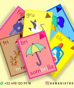 Un grupo de cinco Tarjetas de las sílabas trabadas (60 tarjetas) que presentan palabras en español e imágenes de varios artículos. Estas tarjetas ilustran sílabas trabadas con palabras como una mujer abrazando a un niño (