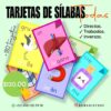 Esta imagen muestra un anuncio de Tarjetas de las sílabas completas (directas, trabadas e inversas) 250 tarjetas, que presenta coloridas tarjetas de las sílabas con ilustraciones y sílabas como una grulla, un corazón, una herradura y un imán. El texto menciona más de 180 tarjetas con un precio de $120,00 e incluye información de contacto con un número de teléfono y una cuenta de redes sociales.
