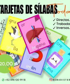 Esta imagen muestra un anuncio de Tarjetas de las sílabas completas (directas, trabadas e inversas) 250 tarjetas, que presenta coloridas tarjetas de las sílabas con ilustraciones y sílabas como una grulla, un corazón, una herradura y un imán. El texto menciona más de 180 tarjetas con un precio de $120,00 e incluye información de contacto con un número de teléfono y una cuenta de redes sociales.