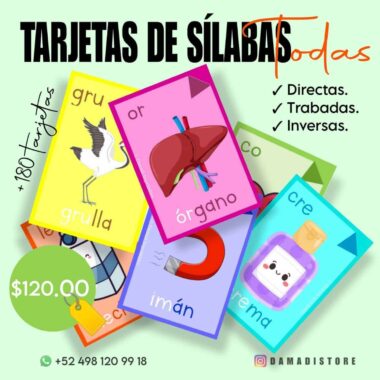 Esta imagen muestra un anuncio de Tarjetas de las sílabas completas (directas, trabadas e inversas) 250 tarjetas, que presenta coloridas tarjetas de las sílabas con ilustraciones y sílabas como una grulla, un corazón, una herradura y un imán. El texto menciona más de 180 tarjetas con un precio de $120,00 e incluye información de contacto con un número de teléfono y una cuenta de redes sociales.