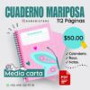 La imagen muestra un anuncio de un cuaderno titulado "Cuaderno Mariposa". Este Cuaderno de raya Mariposa PDF tiene 112 páginas y cuesta $50.00. Incluye secciones para calendario, páginas rayadas y notas. De fondo tiene una libreta de color rosa con diseño de mariposas. Contacto: +52 498 120 99 18.