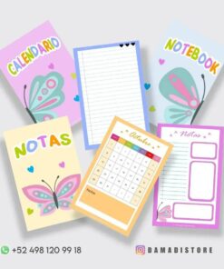 Una imagen que muestra varios artículos de papelería coloridos con diseños de mariposas revoloteando. Incluye un 