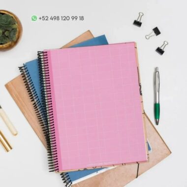 Una imagen plana muestra un espacio de trabajo con un cuaderno de espiral rosa colocado encima de otros cuadernos, incluido un Cuaderno de raya Mariposa PDF, junto con un bolígrafo, dos clips para carpetas y una pequeña planta en maceta. En la esquina superior izquierda se muestra un número de contacto de WhatsApp, "+52 498 120 99 18.