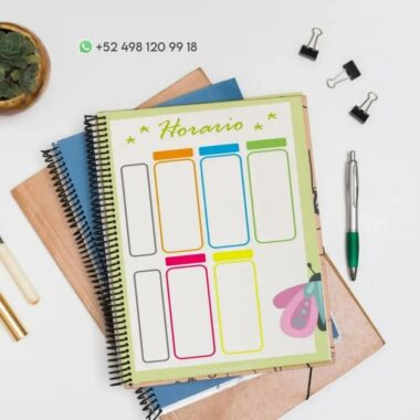 Un escritorio cuidadosamente ordenado incluye una planta suculenta, cuadernos y un Cuaderno de raya Mariposa PDF junto con una agenda semanal titulada "Horario" con secciones coloridas para cada día. Arriba del planificador se muestra un número de contacto, +52 498 120 99 18, con un ícono de WhatsApp. Se puede acceder fácilmente en línea a un PDF del calendario.