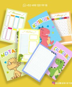 Se muestra una variedad de artículos estacionarios coloridos sobre un fondo amarillo. Los artículos incluyen un Cuaderno de raya con diseño dinosaurio PDF, un calendario y un cuadro de horarios. Los diseños presentan dinosaurios de dibujos animados (diseño dinosaurio). La información de contacto y un identificador de redes sociales se muestran en la parte superior e inferior de la imagen en formato PDF.