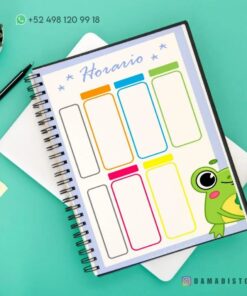 Un Cuaderno de raya con diseño de rana en la portada está abierto sobre un escritorio verde azulado. La página presenta una colorida plantilla de programación semanal denominada 