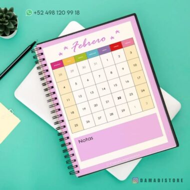 Un cuaderno de raya con diseño de rana encuadernado en espiral descansa sobre una superficie verde azulado que muestra un colorido calendario de febrero con fechas en una cuadrícula. La información de contacto y un identificador de redes sociales son visibles. Al fondo se ve una planta suculenta y un teclado parcialmente visible.