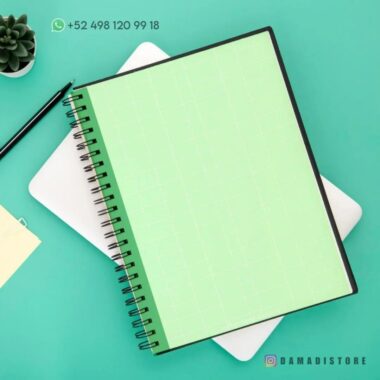Un Cuaderno de raya con diseño de rana encuadernado en espiral se coloca sobre una superficie de color verde claro. Cerca hay un bolígrafo negro, una pequeña suculenta en una maceta y una nota adhesiva amarilla. El texto en la parte superior muestra un número de teléfono y el identificador de Instagram "@damadistore" está visible en la parte inferior.