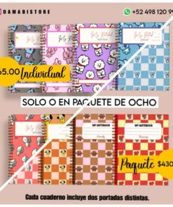 Imagen promocional del Paquete de cuadernos BT21 PDF. La mitad superior muestra cuadernos individuales con un precio de $65,00. La mitad inferior destaca un paquete de ocho portátiles BT21 por $430,00. El título dice “Solo o en paquete de ocho”. Cada cuaderno tiene dos diseños de portada. Los datos de contacto se proporcionan en formato PDF.
