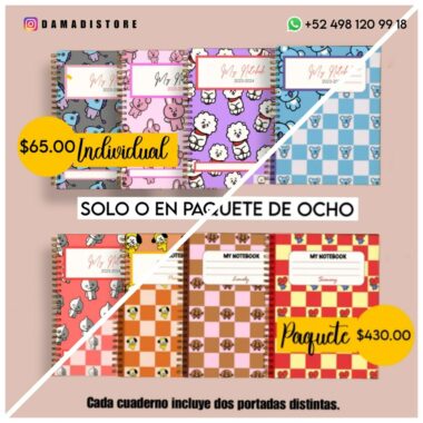 Imagen promocional del Paquete de cuadernos BT21 PDF. La mitad superior muestra cuadernos individuales con un precio de $65,00. La mitad inferior destaca un paquete de ocho portátiles BT21 por $430,00. El título dice “Solo o en paquete de ocho”. Cada cuaderno tiene dos diseños de portada. Los datos de contacto se proporcionan en formato PDF.