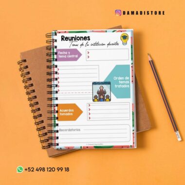 Sobre un cuaderno marrón se encuentra un bloc de notas organizado para reuniones, acompañado de un bolígrafo. El bloc de notas presenta secciones para "Fecha y tema central", "Orden de temas tratados", "Acuerdos tomados" y "Recordatorios". Se muestran Instagram, íconos de teléfono y detalles de contacto.