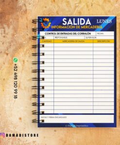 Página de un cuaderno de bitácora encuadernado en espiral para el seguimiento de mercancías, titulado 