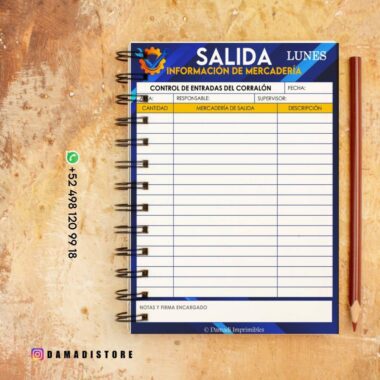 Página de un cuaderno de bitácora encuadernado en espiral para el seguimiento de mercancías, titulado "Salida: Información de Mercadería". Las columnas incluyen "Cantidad", "Mercadería de Salida" y "Descripción". Se coloca un lápiz en el lado derecho y @damadistore se acredita en la parte inferior izquierda.