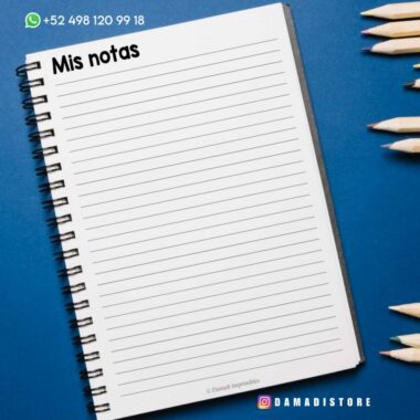 Un cuaderno de espiral con el título "Mis notas" está abierto en una página a rayas. Varios lápices de colores están esparcidos sobre la superficie azul alrededor del cuaderno. La información de contacto y un identificador de Instagram se muestran en la parte superior e inferior de la imagen.