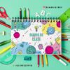 Una colorida composición de útiles escolares con tijeras, lápices, regla y sujetapapeles alrededor de un cuaderno espiral titulado "DIARIO DE CLASE". El cuaderno tiene ilustraciones de manzanas, globos terráqueos y bombillas. Contacto: +52 498 120 99 18. Instagram: @damadistore.