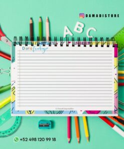 Composición plana de útiles escolares sobre un fondo verde con un cuaderno de espiral abierto en el centro. Alrededor se encuentran lápices de colores, tijeras, una regla, clips, un sacapuntas y letras decorativas. Los datos de contacto son visibles en la imagen.