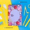 Registro de actividades (Para alumno) 5 Cuaderno de espiral con ilustración colorida de útiles escolares sobre una cubierta azul, con iconos como mochilas y lápices. Fondo dividido en mitades amarillas y azules con artículos de papelería como bolígrafos, rotuladores y una brújula. Información de contacto en la parte inferior.