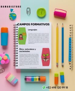 Papelería colorida sobre fondo beige. Incluye un cuaderno con texto, lápices, borradores, un reloj y barras de pegamento. También incluye una pelota antiestrés e información de texto con redes sociales y datos de contacto.