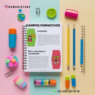 Papelería colorida sobre fondo beige. Incluye un cuaderno con texto, lápices, borradores, un reloj y barras de pegamento. También incluye una pelota antiestrés e información de texto con redes sociales y datos de contacto.