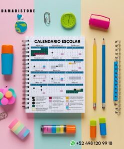 Vista superior de una colorida composición escolar. Un calendario escolar está centrado, rodeado de artículos de papelería: un globo terráqueo en miniatura, un reloj, rotuladores, goma de borrar, lápices, clips y cinta washi, con un teléfono de contacto en la parte inferior.
