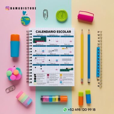 Vista superior de una colorida composición escolar. Un calendario escolar está centrado, rodeado de artículos de papelería: un globo terráqueo en miniatura, un reloj, rotuladores, goma de borrar, lápices, clips y cinta washi, con un teléfono de contacto en la parte inferior.