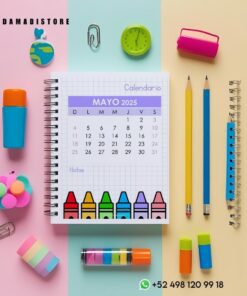 Una colorida composición plana presenta un calendario de mayo de 2025 rodeado de artículos de papelería, como gomas de borrar, un reloj, lápices, bolígrafos, clips y una nota con información de contacto. El fondo está dividido en secciones en tonos pastel.