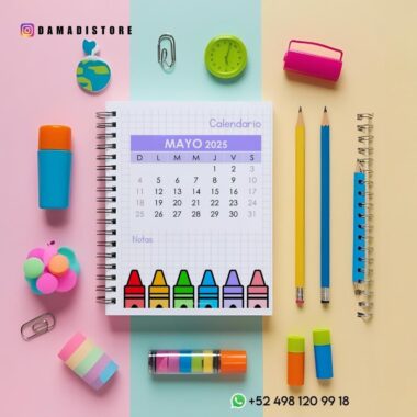 Una colorida composición plana presenta un calendario de mayo de 2025 rodeado de artículos de papelería, como gomas de borrar, un reloj, lápices, bolígrafos, clips y una nota con información de contacto. El fondo está dividido en secciones en tonos pastel.