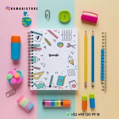 Una composición plana y colorida que incluye un cuaderno con una portada con dibujos, lápices, bolígrafos, subrayadores, un borrador con forma de globo terráqueo, clips, un pequeño reloj y bálsamos labiales sobre un fondo multicolor. Se ven la información de contacto y el nombre de la tienda.