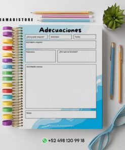 Una agenda de espiral con pestañas de colores a la izquierda, con secciones tituladas 