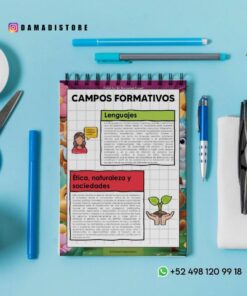 Un cuaderno espiral con páginas coloridas etiquetadas como 