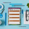 AGENDA DOCENTE PRIMARIAZR 2025-2026 14 Plano plano de una agenda semanal de marzo sobre una superficie azul, rodeada de tijeras azules, un bolígrafo, un lápiz, gafas, una planta y clips. La agenda tiene secciones en blanco de domingo a miércoles.