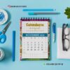 AGENDA DOCENTE PRIMARIAZR 2025-2026 16 Un calendario manual encuadernado en espiral con fecha de noviembre de 2025 yace sobre una superficie azul, rodeado de material de oficina azul, una montura de gafas negra y una planta verde. El contacto de WhatsApp +52 498 120 99 18 es visible.