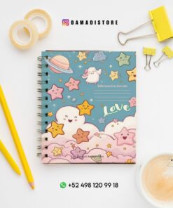 Un bonito cuaderno en tonos pastel con nubes, estrellas y un planeta en la portada reposa sobre un escritorio blanco con papelería amarilla, cinta adhesiva, un lápiz, clips y una taza de café. También se ven la información de contacto y las redes sociales.