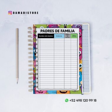 Un cuaderno espiral colorido con una hoja de contacto de "Padres de Familia" para padres, con ilustraciones de monstruos de dibujos animados. Hay un lápiz junto al cuaderno. Se muestran los datos de contacto de Instagram y WhatsApp.