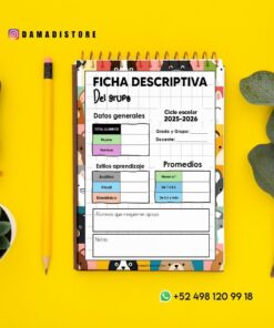 Una hoja de grupo descriptiva colorida en un cuaderno en espiral se encuentra sobre una superficie amarilla con un lápiz, hojas verdes, una planta suculenta e información de contacto de DAMADISTORE, incluidos WhatsApp e Instagram, visibles.