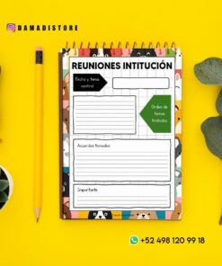 Un cuaderno espiral colorido con una plantilla de notas de reunión en español e ilustraciones de animales en la portada, colocada sobre una superficie amarilla con un lápiz, sello de lacre, hojas verdes e información de contacto de DAMADISTORE.