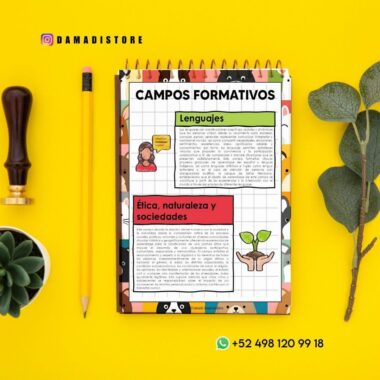 Un bloc de notas con bordes coloridos muestra texto en español sobre "Lenguajes" y "Ética, naturaleza y sociedades". Está colocado sobre una superficie amarilla con un lápiz, un sello, una planta y hojas verdes cerca. Incluye información de redes sociales.