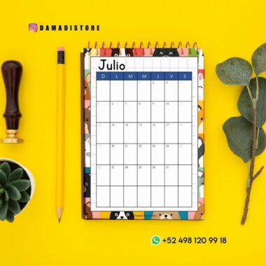Un colorido calendario de julio, en un bloc de notas de espiral, se coloca sobre una superficie amarilla, rodeado de un lápiz amarillo, una suculenta, un sello de lacre y ramas de eucalipto. También se muestran las redes sociales y la información de contacto.