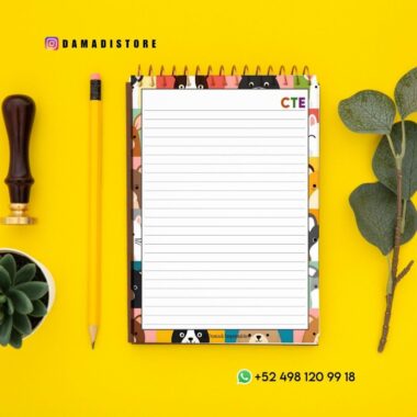 Un cuaderno de espiral con caras de animales en el borde, un lápiz amarillo, un sello de lacre, una pequeña suculenta en maceta y hojas verdes sobre fondo amarillo. El texto incluye el nombre de usuario de Instagram @damadistore y su número de WhatsApp.