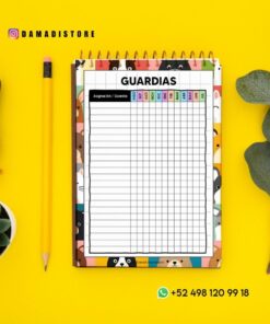 Un cuaderno colorido con una lista de guardias en la portada, sobre un fondo amarillo, junto a un lápiz, un sello de lacre, una planta y hojas. Se ven los datos de contacto de Instagram y WhatsApp.