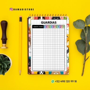 Un cuaderno colorido con una lista de guardias en la portada, sobre un fondo amarillo, junto a un lápiz, un sello de lacre, una planta y hojas. Se ven los datos de contacto de Instagram y WhatsApp.