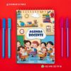 Una agenda de espiral para docentes con dibujos de niños en un aula en la portada, rodeados de bolígrafos de colores sobre un fondo rojo. El texto dice "Agenda Docente".