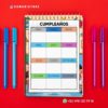 AGENDA DOCENTE PRIMARIA 2025-2026 AULA 10 Un calendario de cumpleaños colorido sobre fondo rojo, dividido por meses en español. Cuatro bolígrafos (dos azules, uno magenta y uno rosa) se colocan a cada lado. La información de contacto de WhatsApp aparece en la parte inferior derecha.