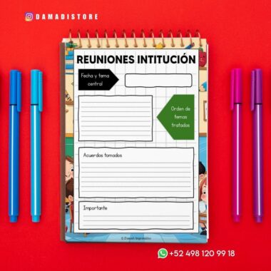 Un bloc de notas con espiral y una plantilla de reunión "Reuniones Intuición", rodeado de tres bolígrafos azules y tres rosas sobre fondo rojo. Se ven el contacto de WhatsApp y la cuenta de Instagram.