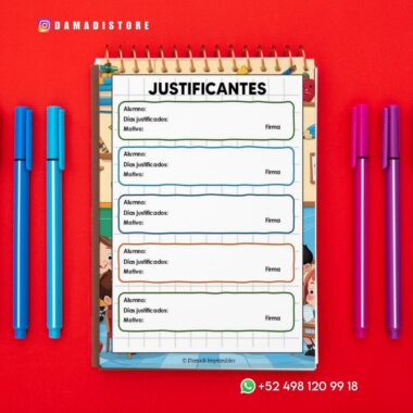 Un bloc de notas titulado "Justificantes" con espacios para escribir el nombre del estudiante, los días justificados, el motivo y la firma. A su lado hay cuatro bolígrafos de colores, todos sobre fondo rojo. La información de contacto de WhatsApp está en la parte inferior.