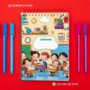 AGENDA DOCENTE PRIMARIA 2025-2026 AULA 17 Un colorido cuaderno espiral con una escena de clase de dibujos animados en la portada está rodeado de bolígrafos azules y rosas sobre un fondo rojo. Los datos de contacto y las redes sociales aparecen en las esquinas de la imagen.