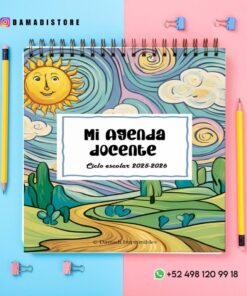 Una agenda docente colorida con una ilustración de un sol y un paisaje en la portada, rodeada de lápices, clips y una hoja de papel sobre un fondo rosa y azul. Se ven la información de contacto y el perfil de Instagram.
