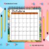 AGENDA DOCENTE PRIMARIA 2025-2026 VANGH 12 Un calendario de octubre en espiral en español se presenta sobre un fondo colorido con lápices amarillos, un bolígrafo blanco y clips para carpeta. El calendario muestra los días de la semana y las fechas, con información de contacto y redes sociales en la parte superior e inferior.