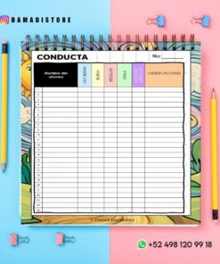 Un cuaderno colorido con una tabla de comportamiento titulada 
